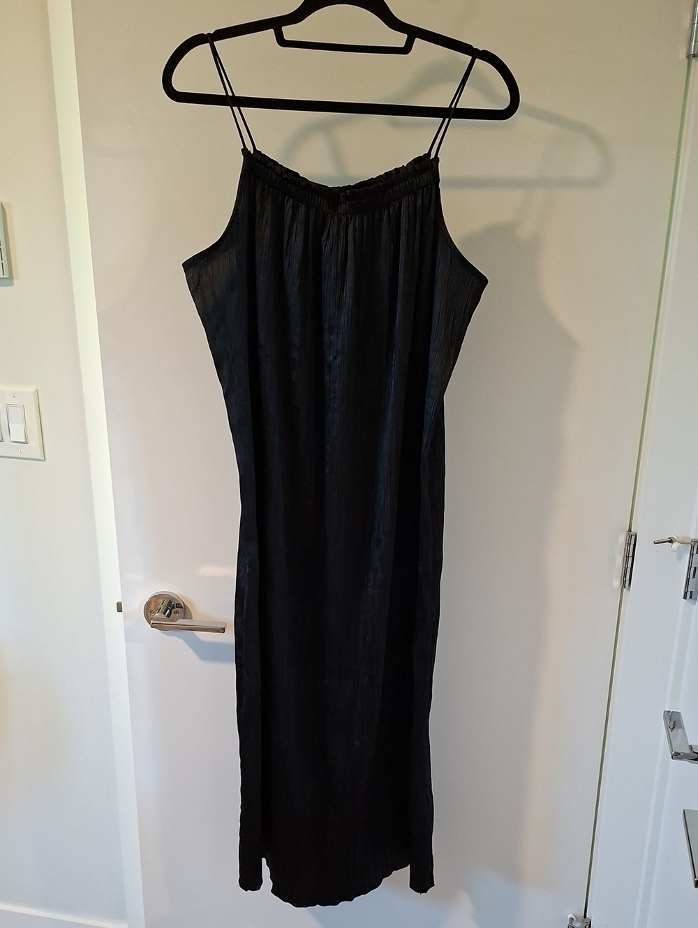H&M Black Plisse Spaghetti Strap Satin-effect Ruffle-trim Midi Dress (Size M)